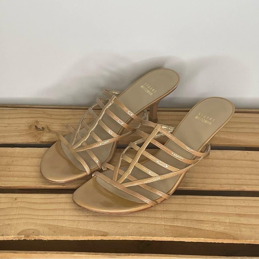 Stuart Weitzman nude patent leather slip on heel sandals 8.5 M